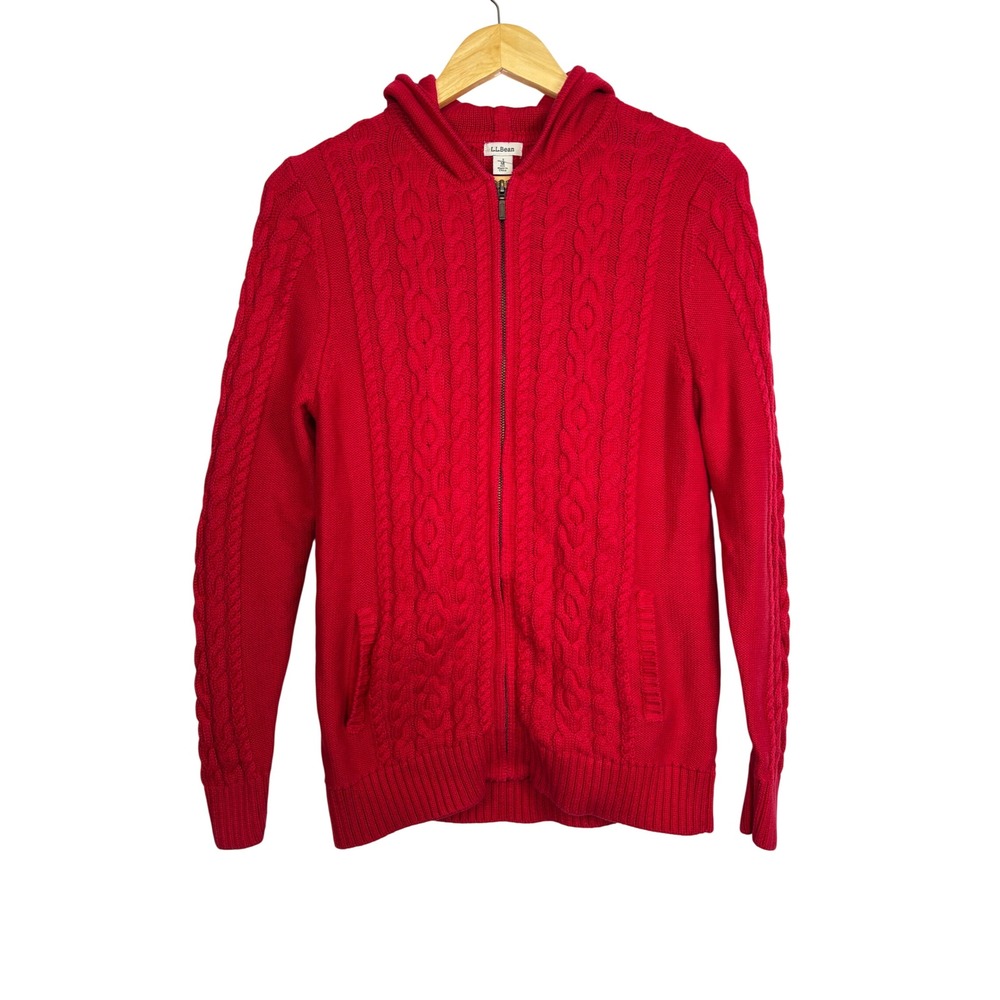 L.L.Bean Cable Knit Full Zip Hooded Sweater Medium Red Preppy Travel Cozy